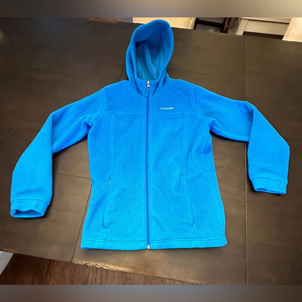 Columbia Hooded Fleece Jacket, Aqua Blue, 2 Hand Pockets Kid’s Large EUC!!